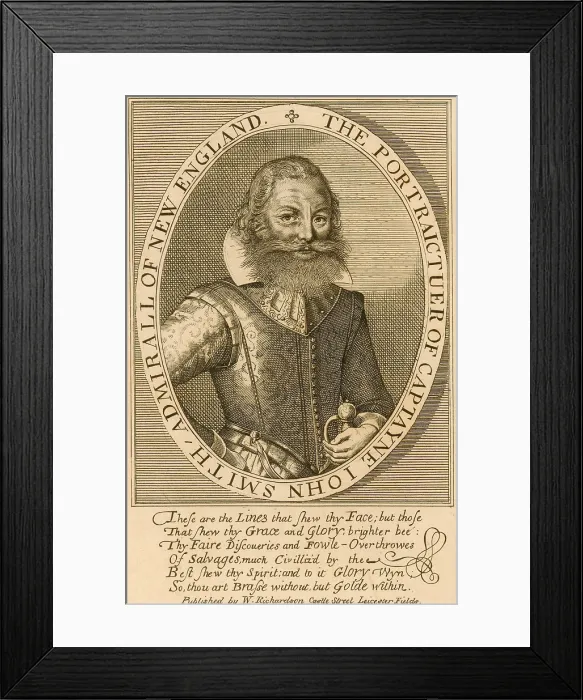 Framed Print : This portrait of Captain John Smith, Admiral of New England, 1624, was one of the frontispieces for Smith's 1624 book, The General History of Virginia, New England Framed Print : This portrait of Captain John Smith, Admiral of New England, 1624, was one of the frontispieces for Smith's 1624 book, The General History of Virginia, New England