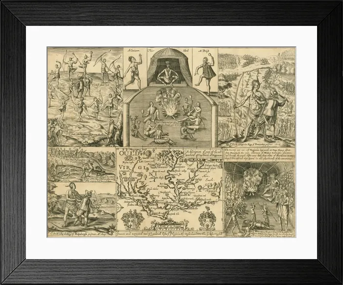 Framed Print : John Smith's adventures in Virginia are depicted in 6 scenes plus a map of the Virginia coast Framed Print : John Smith's adventures in Virginia are depicted in 6 scenes plus a map of the Virginia coast
