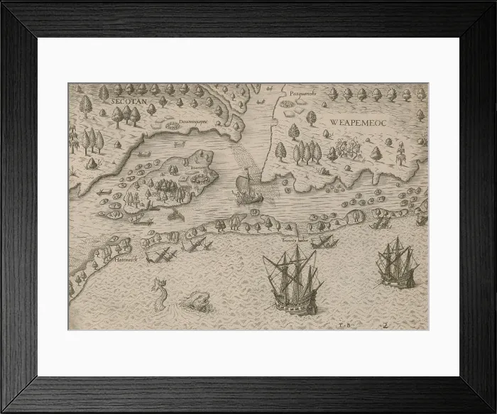 Framed Print : THE ARRIVAL OF THE ENGLISHMEN IN VIRGINIA, 1590 engraving published by Theodor De Bry, from a drawing by John White