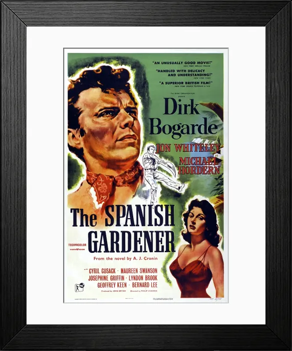 Framed Print : THE SPANISH GARDNER, US poster art, top left: Dirk Bogarde; bottom right: Maureen Swanson, 1956