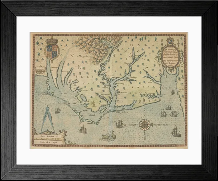 Framed Print : A 1595 map of the coast of Virginia and present-day North Carolina, from Chesapeake Bay (Chesepiooc Sinus) at far right, to Cape Lookout at far left