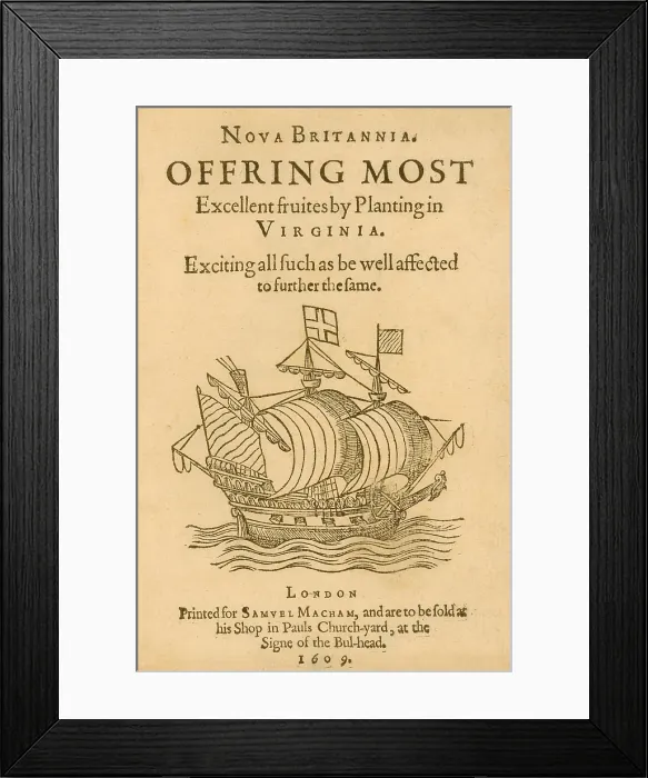 Framed Print : This title page of Nova Britannia depicts an ocean-going sailing ship