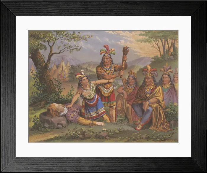 Framed Print : Pocahontas saving the life of Captain John Smith in 1608. The 1870 popular print was published by the New England Chromolithograph company (BSLOC_2020_1_147)
