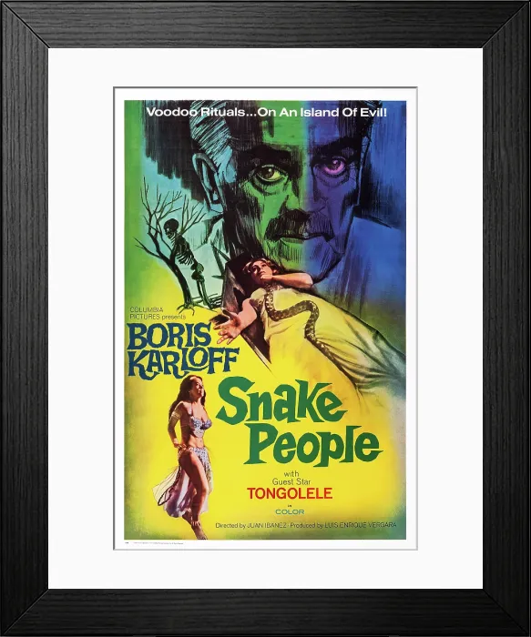 Framed Print : SNAKE PEOPLE, (aka ISLE OF THE SNAKE PEOPLE, aka LA MUERTE VIVIENTE), US poster, Boris Karloff (top), 1971
