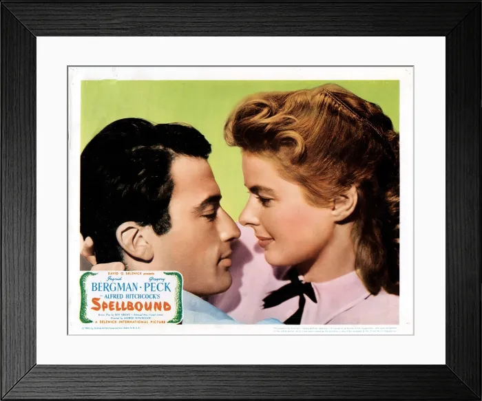 Framed Print : SPELLBOUND, from left: Gregory Peck, Ingrid Bergman on lobbycard, 1945
