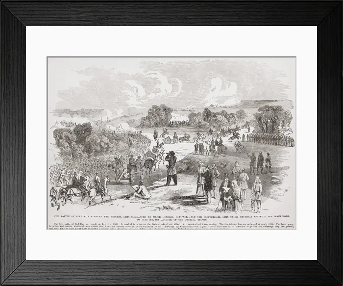 Framed Print : First Battle of Bull Run, (First Manassas), July 21, 1861. Main column of 18, 000 Union troops is advancing on Confederate lines around 9:30 AM, July 21, 1861 Framed Print : First Battle of Bull Run, (First Manassas), July 21, 1861. Main column of 18, 000 Union troops is advancing on Confederate lines around 9:30 AM, July 21, 1861