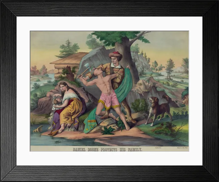 Framed Print : DANIEL BOONE PROTECTS HIS FAMILY, color lithograph, published in 1874. Daniel Boone fights with an Indian warrior, as his wife cowers over their son on the left Framed Print : DANIEL BOONE PROTECTS HIS FAMILY, color lithograph, published in 1874. Daniel Boone fights with an Indian warrior, as his wife cowers over their son on the left