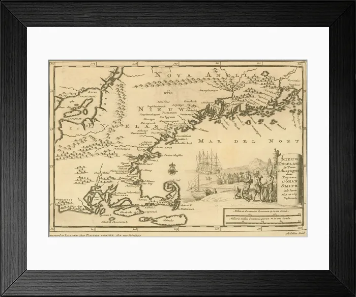 Framed Print : Map of New England from Penobscot Bay in Maine to Narragansett Bay in present-day Rhode Island, first published by John Smith in 1614 and 1615