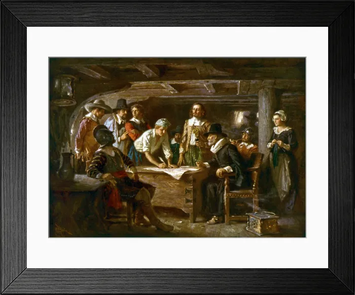 Framed Print : THE MAYFLOWER COMPACT, 1620, by Jean Leon Gerome Ferris, depicts male passengers signing the Mayflower Compact, on Nov. 11, 1620