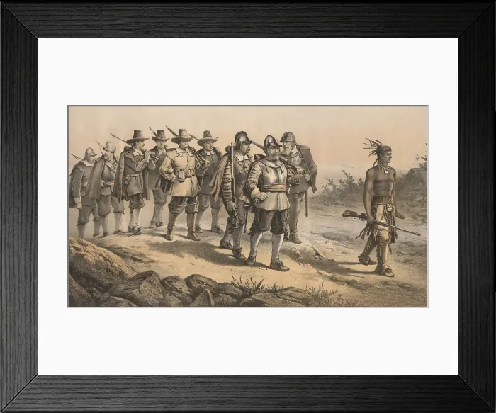 Framed Print : THE EXPEDITION AGAINST THE NEMASKET, August 14, 1621. Guided by a native American warrior named Hobomock, Myles Standish led armed pilgrims on a march