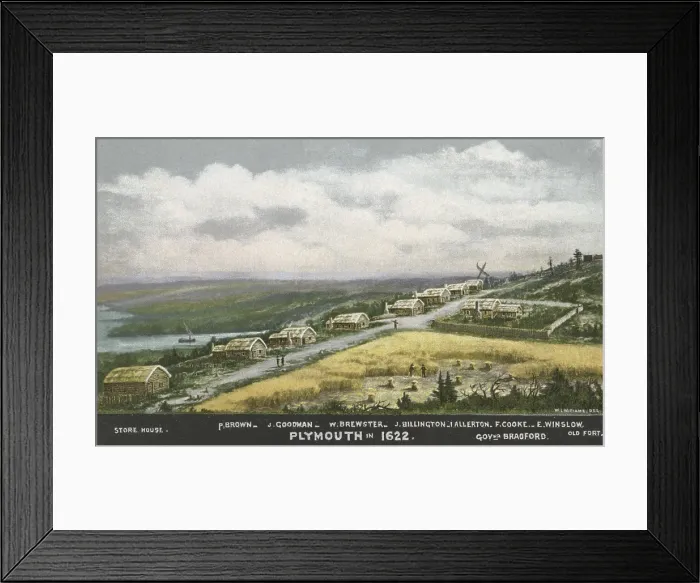 Framed Print : Plymouth Colony in 1622, in the second year since its founding. This conjectural scene shows eight similar dwellings on one side of a road