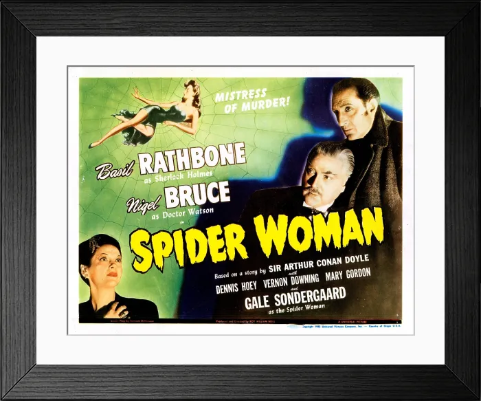 Framed Print : SPIDER WOMAN, (aka SHERLOCK HOLMES AND THE SPIDER WOMAN), US lobbycard, from left: Gale Sondergaard, Nigel Bruce, Basil Rathbone, 1944