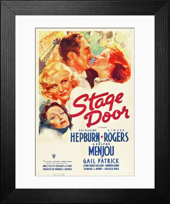 Framed Print : STAGE DOOR, from bottom left: Gail Patrick, Ginger Rogers, Adolphe Menjou, Katharine Hepburn, 1937