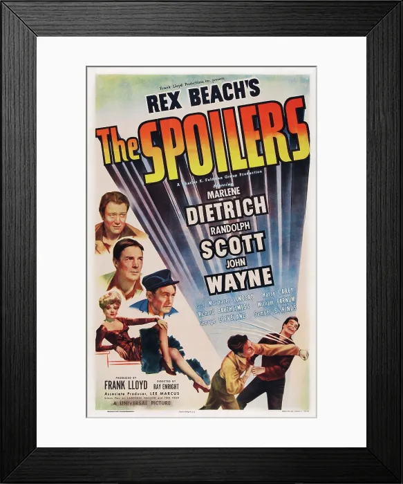 Framed Print : THE SPOILERS, US poster art, left from top: John Wayne, Randolph Scott, Harry Carey, Marlene Dietrich, 1942