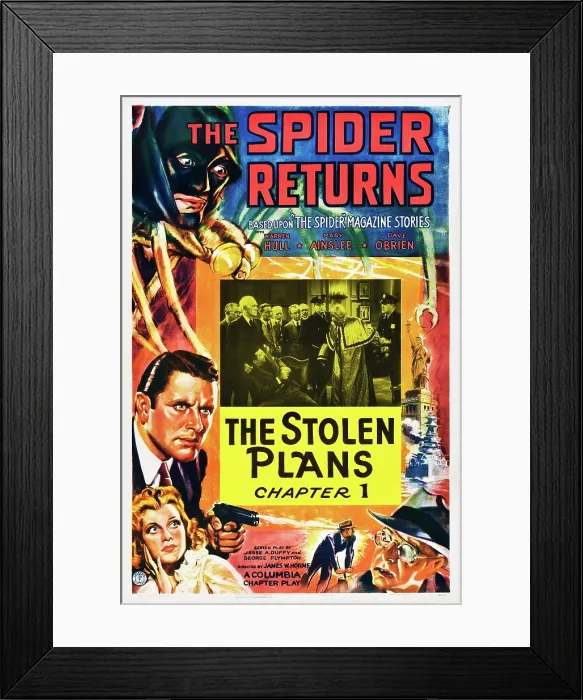 Framed Print : THE SPIDER RETURNS, left from top: Warren Hull, Warren Hull, Mary Ainslee, in Chapter 1: The Stolen Plans on poster art, 1941
