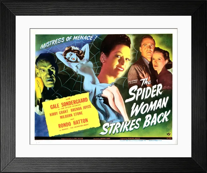 Framed Print : THE SPIDER WOMAN STRIKES BACK, US lobbycard, from left: Rondo Hatton, Gale Sondergaard, Kirby Grant, Brenda Joyce, 1946 Framed Print : THE SPIDER WOMAN STRIKES BACK, US lobbycard, from left: Rondo Hatton, Gale Sondergaard, Kirby Grant, Brenda Joyce, 1946