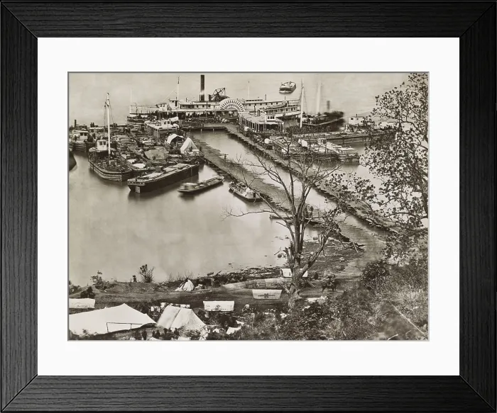 Framed Print : US Civil War. Petersburg Campaign, June 9, 1864 to March 25, 1865. Union wharf for landing supplies on the James River, in late 1864-1865 (BSLOC_2018_9_133)