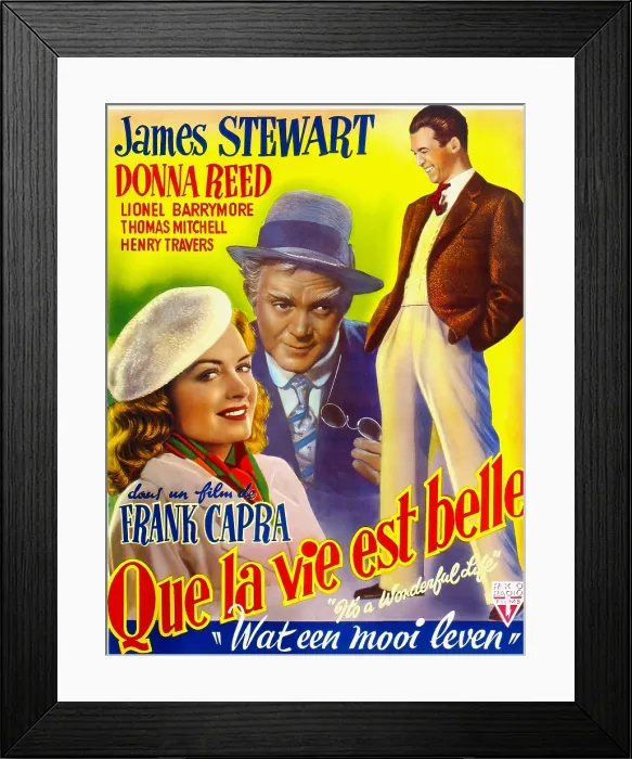 Framed Print : IT'S A WONDERFUL LIFE, (aka QUE LA VIE EST BELLE), l-r: Donna Reed, Thomas Mitchell, James Stewart on Belgian poster art, 1946
