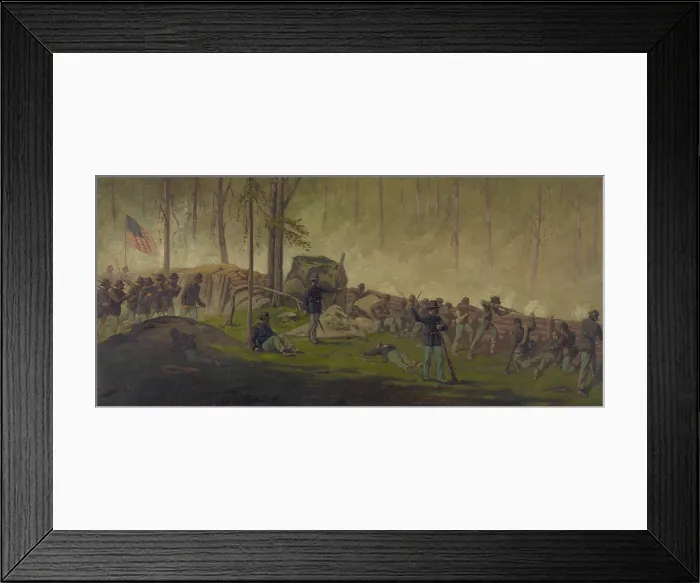 Framed Print : US Civil War. Battle of Gettysburg, Culps Hill, July 3, 1863. Union soldiers behind breastworks on Culps Hill, during the 7 hour battle, on the morning of July 3rd