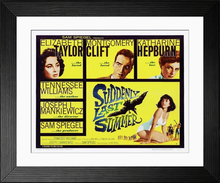 Framed Print : SUDDENLY, LAST SUMMER, US poster art, top from left: Elizabeth Taylor, Montgomery Clift, Katharine Hepburn; bottom right: Elizabeth Taylor, 1959 Framed Print : SUDDENLY, LAST SUMMER, US poster art, top from left: Elizabeth Taylor, Montgomery Clift, Katharine Hepburn; bottom right: Elizabeth Taylor, 1959