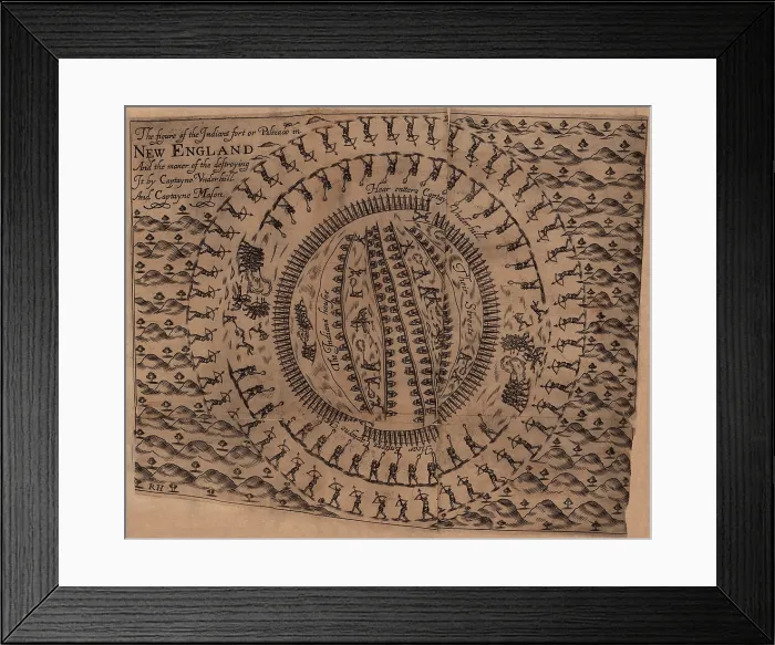 Framed Print : PEQUOT WAR. Indians Fort or Palizado in New England and the manner of destroying it by Captain John Underhill and Captain John Mason