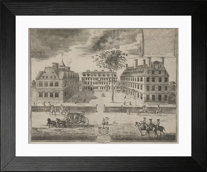 Framed Print : 1743 engraving of Harvard College, was founded in 1636 to train ministers Framed Print : 1743 engraving of Harvard College, was founded in 1636 to train ministers