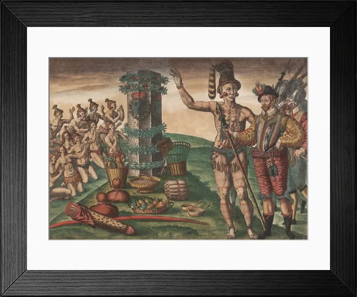 Framed Print : Timucuan Indians of Florida kneel at a Jean Ribault's column, which is decorated with the French royal coat of arms