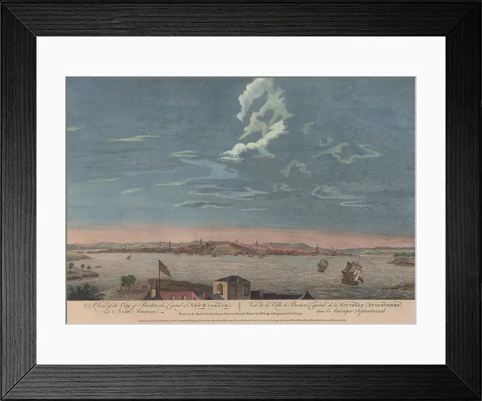 Framed Print : 1768 view of Boston, Massachusetts, drawn on the spot, by military artist, Thomas Pownall. It shows the harbor, ships, dwellings, churches, and the British flag (BSLOC_2020_1_181) Framed Print : 1768 view of Boston, Massachusetts, drawn on the spot, by military artist, Thomas Pownall. It shows the harbor, ships, dwellings, churches, and the British flag (BSLOC_2020_1_181)