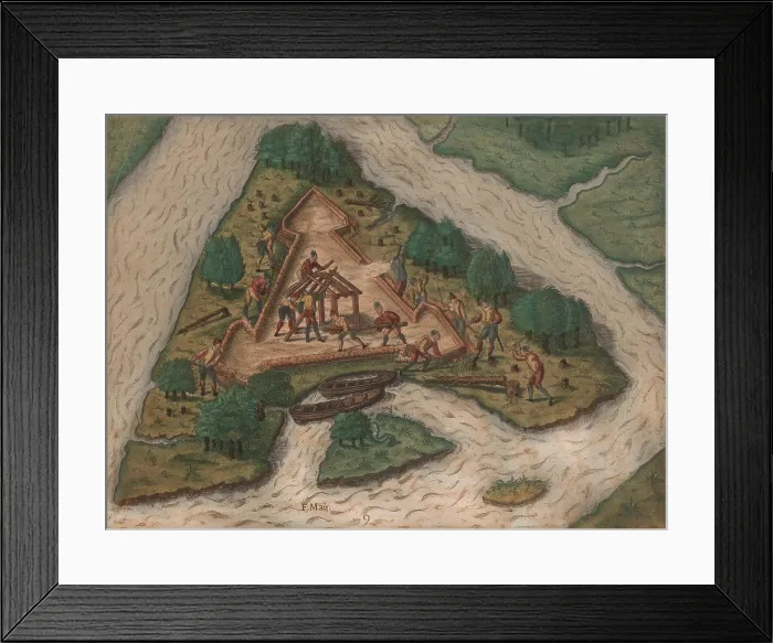 Framed Print : The French Huguenots, led by Rene de Laudonniere, build a triangular fort on the River May, to guard their anticipated colony French colony of Fort Caroline in 1564 Framed Print : The French Huguenots, led by Rene de Laudonniere, build a triangular fort on the River May, to guard their anticipated colony French colony of Fort Caroline in 1564