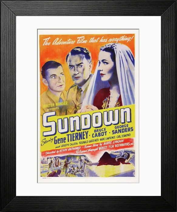 Framed Print : SUNDOWN, US poster art, from left: Bruce Cabot, George Sanders, Gene Tierney, 1941