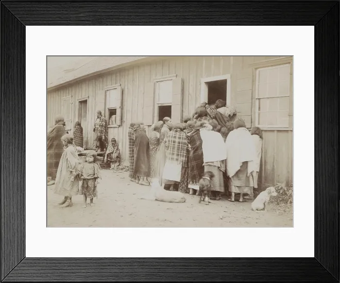 Framed Print : Kiowa and Comanche women and children in line for food at a the commissary building in Anadarko, Oklahoma, (then Indian Territory)