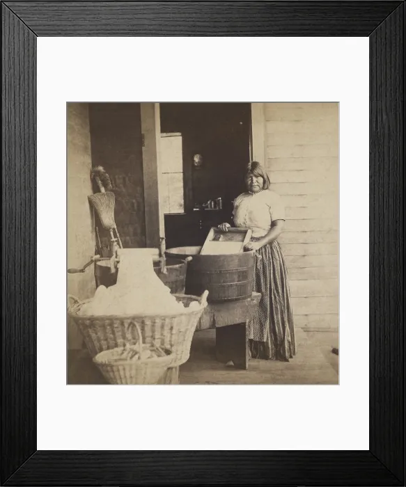 Framed Print : Paiute Squaw does laundry at her Yosemite Valley home using a manufactured scrubbing board and crank wringer in 1870