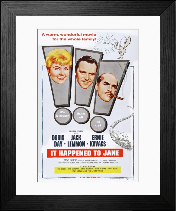 Framed Print : IT HAPPENED TO JANE, l-r: Doris Day, Jack Lemmon, Ernie Kovacs on poster art, 1959 Framed Print : IT HAPPENED TO JANE, l-r: Doris Day, Jack Lemmon, Ernie Kovacs on poster art, 1959
