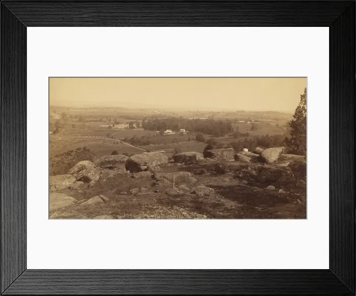 Framed Print : US Civil War. Battle of Gettysburg, July 1-3, 1863. View from summit of Little Round Top, with farms in the distance Framed Print : US Civil War. Battle of Gettysburg, July 1-3, 1863. View from summit of Little Round Top, with farms in the distance