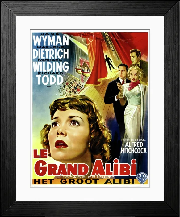 Framed Print : STAGE FRIGHT (aka LE GRAND ALIBI), from left: Jane Wyman, Richard Todd, Marlene Dietrich, Michael Wilding on Belgian poster art, 1950 Framed Print : STAGE FRIGHT (aka LE GRAND ALIBI), from left: Jane Wyman, Richard Todd, Marlene Dietrich, Michael Wilding on Belgian poster art, 1950
