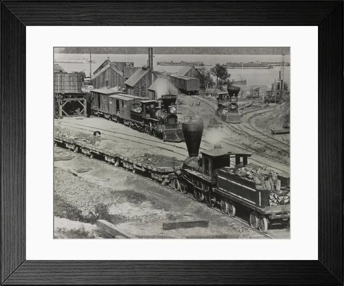 Framed Print : US Civil War, Petersburg Campaign, June 9, 1864 to March 25, 1865. Three US Military Railroad locomotives in operation on the wharf at City Point, Virginia (BSLOC_2018_9_137)