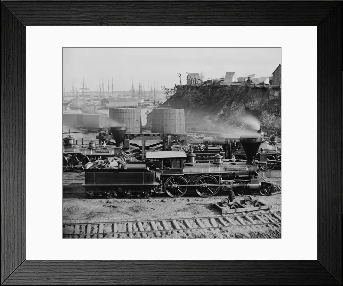 Framed Print : US Civil War. Petersburg Campaign, June 9, 1864 to March 25, 1865. Locomotives of the U.S. Military Railroad at the Union wharf and headquarters at City Point, on the James River Framed Print : US Civil War. Petersburg Campaign, June 9, 1864 to March 25, 1865. Locomotives of the U.S. Military Railroad at the Union wharf and headquarters at City Point, on the James River