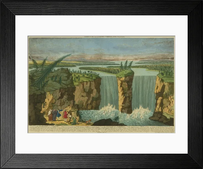 Framed Print : THE WATERFALL AT NIAGARA, 1794, by Robert Hancock. This hand colored engraving is based in Robert Sayer's view published in London, ca
