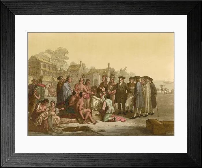 Framed Print : WILLIAM PENN'S TREATY WITH THE INDIANS, by Giuseppe Erba Odescalchi, hand colored print adapted from Benjamin West's 1772 painting