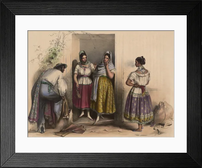 Framed Print : A man and three women in Puebla, Mexico, relax and smoke in a door way, ca. 1830 (BSLOC_2020_1_2)