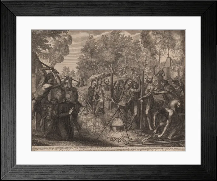 Framed Print : Martyrdom of Fathers Isaac Jogues, Jean de Brebeuf, Gabriel Lalemand, is depicted in the foreground. That of Anton Daniel, and Charles Garnier, is seen in the background