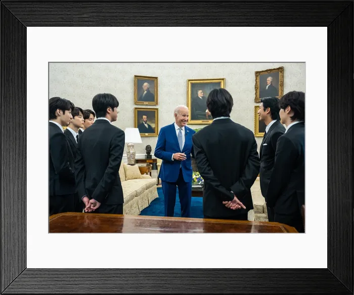 Framed Print : President Joe Biden talks with the world famous K-pop singing group BTS, May 31, 2022, at the White House