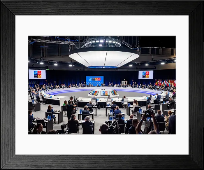 Framed Print : In a futuristic amphitheater in Madrid, Spain, the North Atlantic Council Session meets during the NATO Summit, June 29, 2022