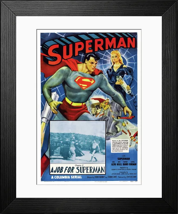 Framed Print : SUPERMAN, (aka THE ADVENTURES OF SUPERMAN), top from left: Kirk Alyn, Carol Forman, inset right: Kirk Alyn in Chapter 5: A Job For Superman, 1948