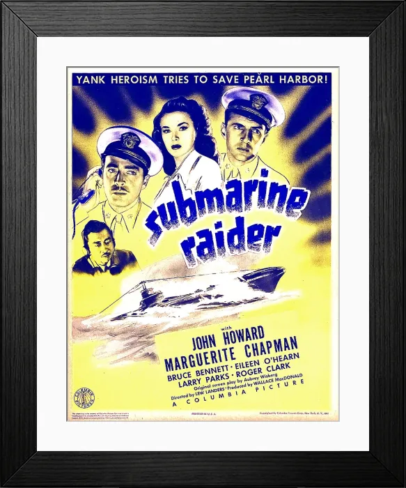 Framed Print : SUBMARINE RAIDER, top from left: John Howard, Marguerite Chapman, Bruce Bennett on window card, 1942 Framed Print : SUBMARINE RAIDER, top from left: John Howard, Marguerite Chapman, Bruce Bennett on window card, 1942