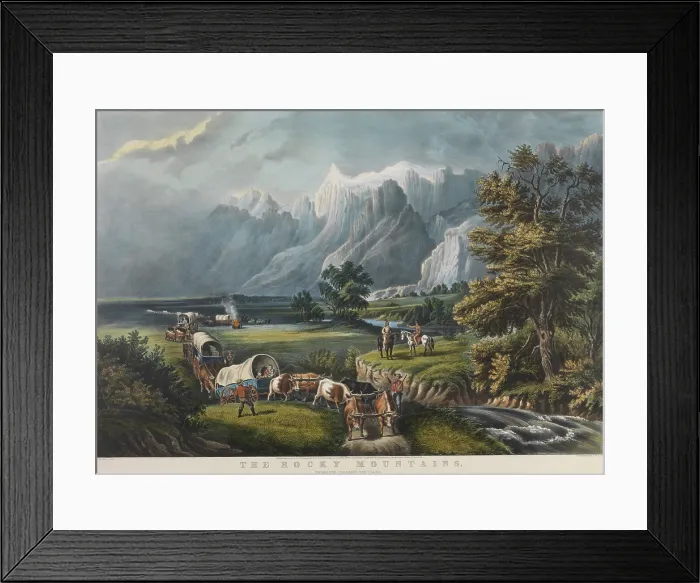 Framed Print : THE ROCKY MOUNTAINS. EMIGRANTS CROSSING THE PLAINS, 1866, by Currier and Ives, from a drawing by Francis F. Palmer
