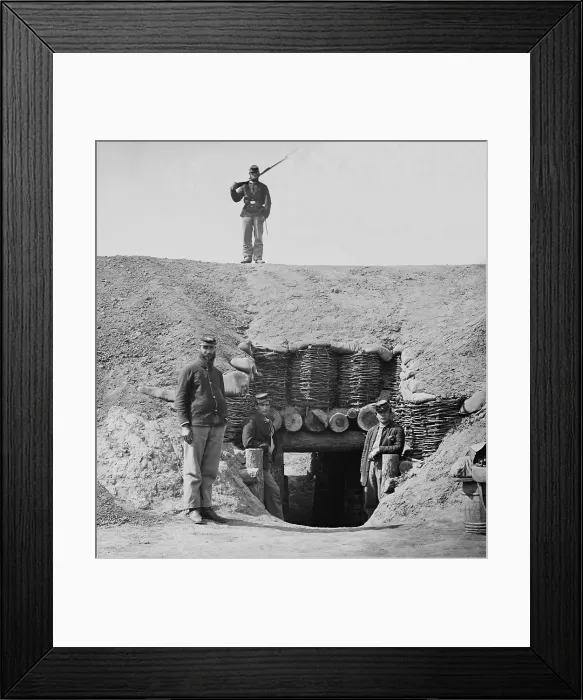 Framed Print : US Civil War. Fort Brady, at Aiken's Landing, on the James River, Army of the James. Four Union soldiers at the bunkered magazine, in the parapet of Fort Brady in 1864