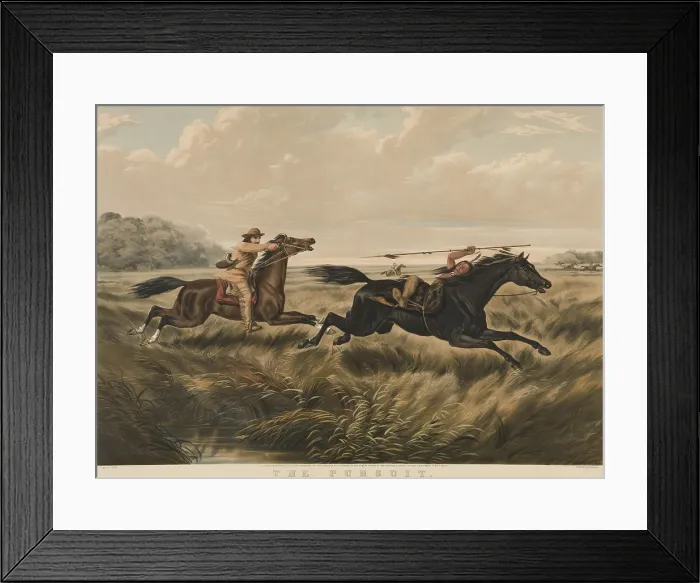 Framed Print : THE PURSUIT, 1856, Nathaniel Currier lithograph after painting by Arthur Fitzwilliam Tait. Mounted Euro-Americans chase Indians through the tall grass of the Great Plains