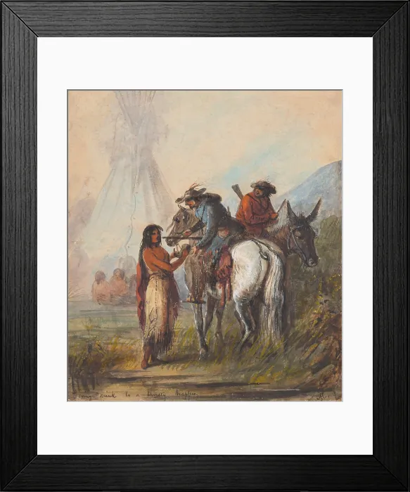 Framed Print : GIVING A DRINK TO A THIRSTY TRAPPER, ca. 1837-38, by Alfred Jacob Miller, watercolor painting, on paper Framed Print : GIVING A DRINK TO A THIRSTY TRAPPER, ca. 1837-38, by Alfred Jacob Miller, watercolor painting, on paper