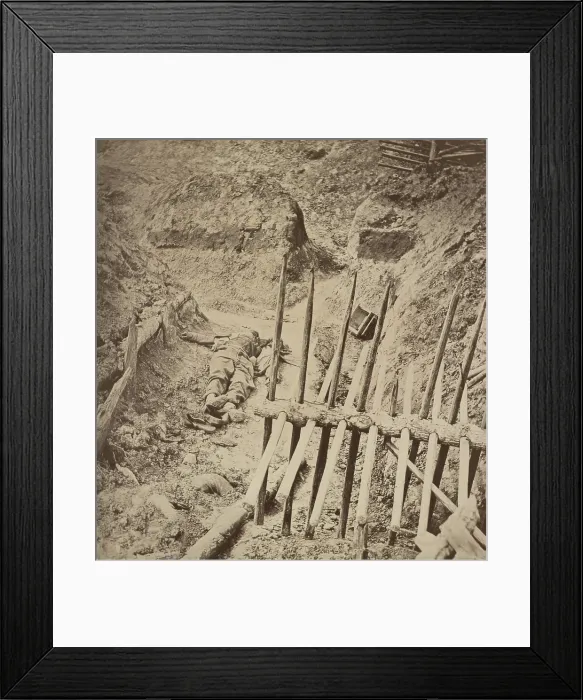 Framed Print : US Civil War. The Fall of Petersburg and Richmond, March 26-April 2. Dead Confederate soldier lies dead in Fort Mahone, on the Petersburg siege line, April 3, 1865